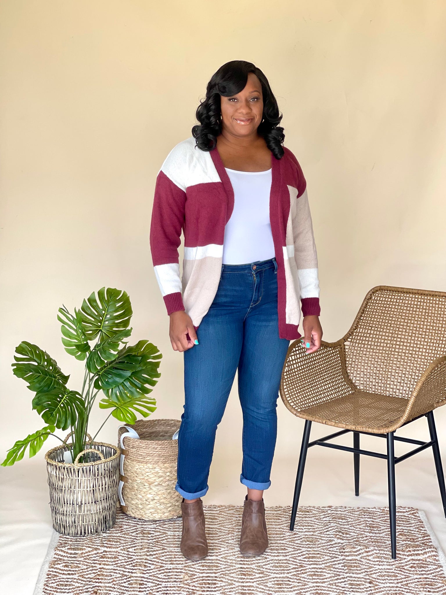 Wine cardigan outfit sale