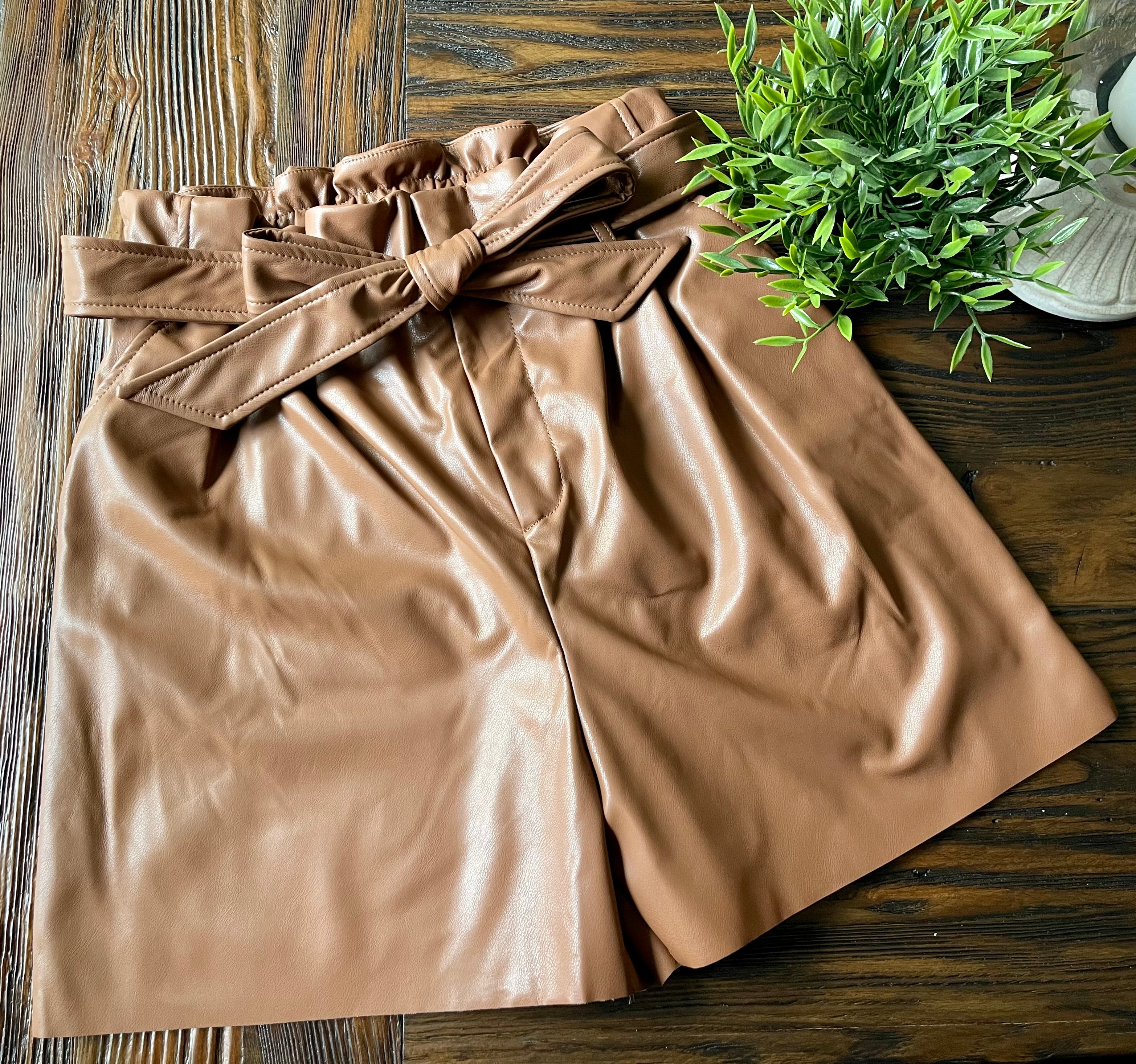 Liv High Waisted Vegan Leather Paper Bag Shorts (Camel) – Nova Lee Boutique